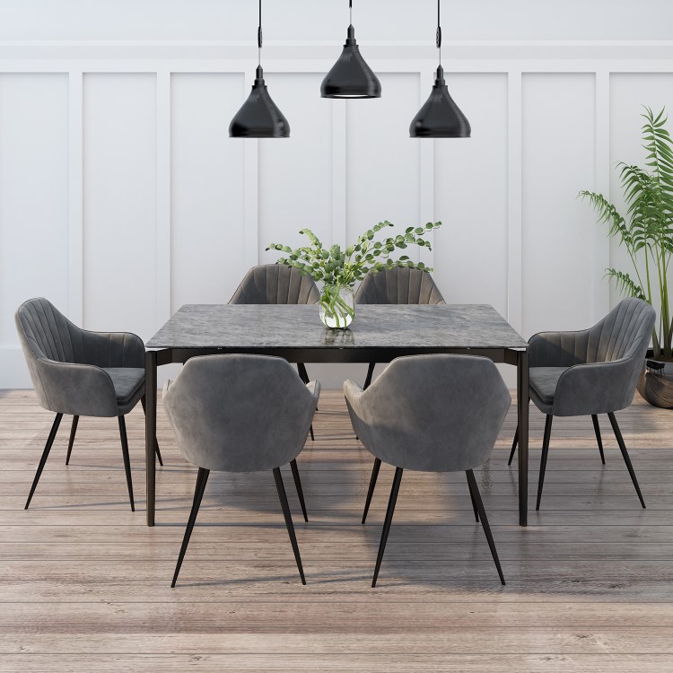 Grey Marble Extendable Dining Table with 6 Grey Velvet Dining Chairs - Camilla