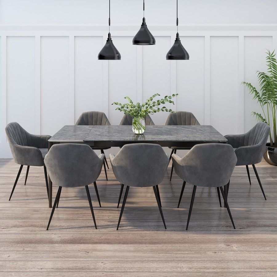 Grey Marble Extendable Dining Table with 8 Grey Velvet Dining Chairs - Camilla