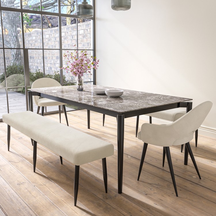 Extendable Grey Marble Dining Table with 2 Beige Dining Chairs and 2 Matching Benches - Camilla