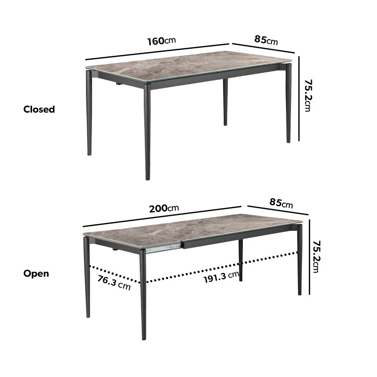 Extendable Grey Marble Dining Table with 2 Beige Dining Chairs and 2 Matching Benches - Camilla