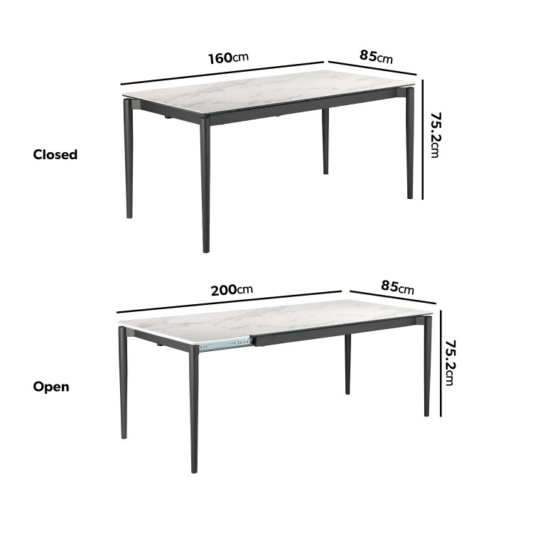 White Marble Extendable Dining Table with 6 Grey Fabric Dining Chairs - Camilla