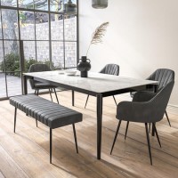 Extendable White Marble Dining Table with 4 Grey Faux Leather Dining Chairs and Matching Bench - Camilla