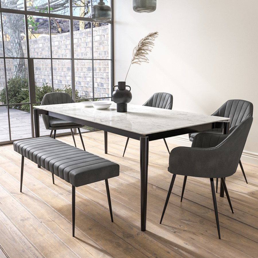 Extendable White Marble Dining Table with 4 Grey Faux Leather Dining Chairs and Matching Bench - Camilla