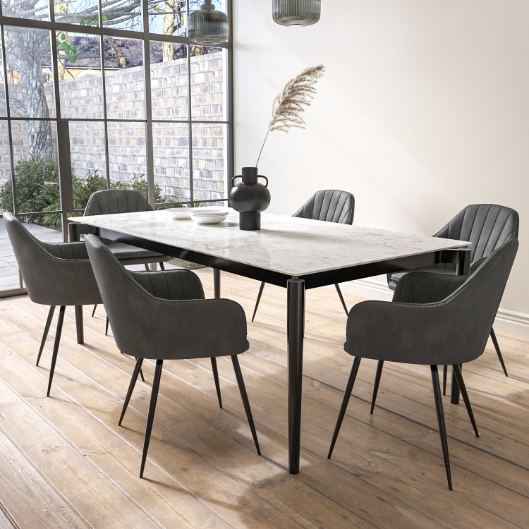 Extendable White Marble Dining Table with 6 Grey Faux Leather Dining Chairs - Camilla