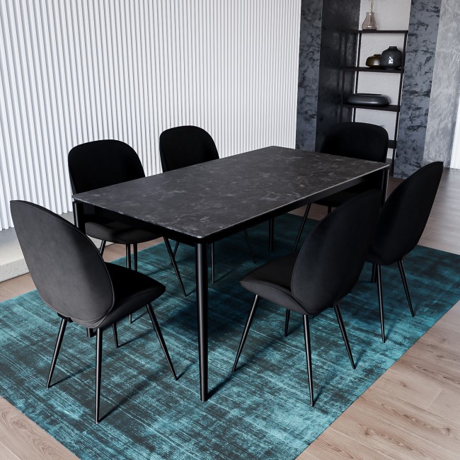 Black Ceramic Marble Extendable Dining Table Set with 6 Black Velvet ...