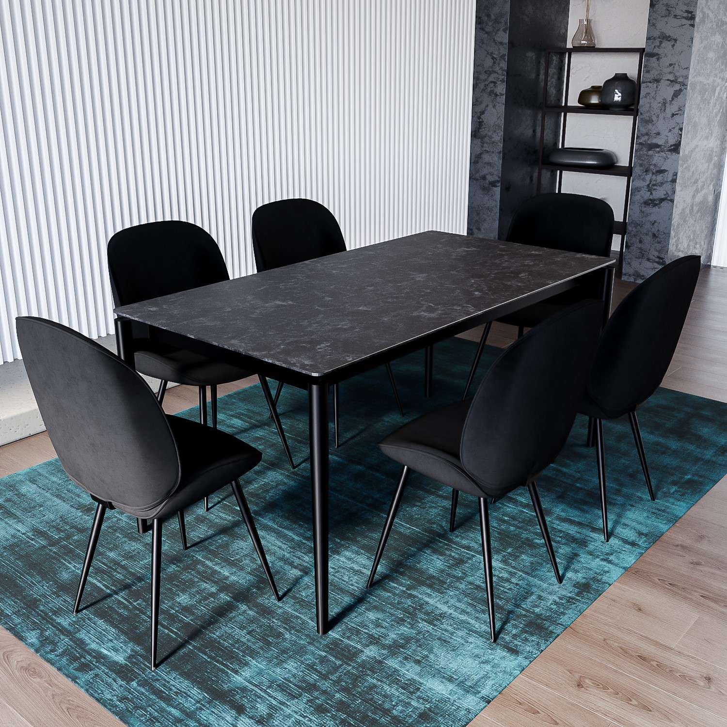 Photo of Black marble extendable dining table with 6 black velvet dining chairs - camilla