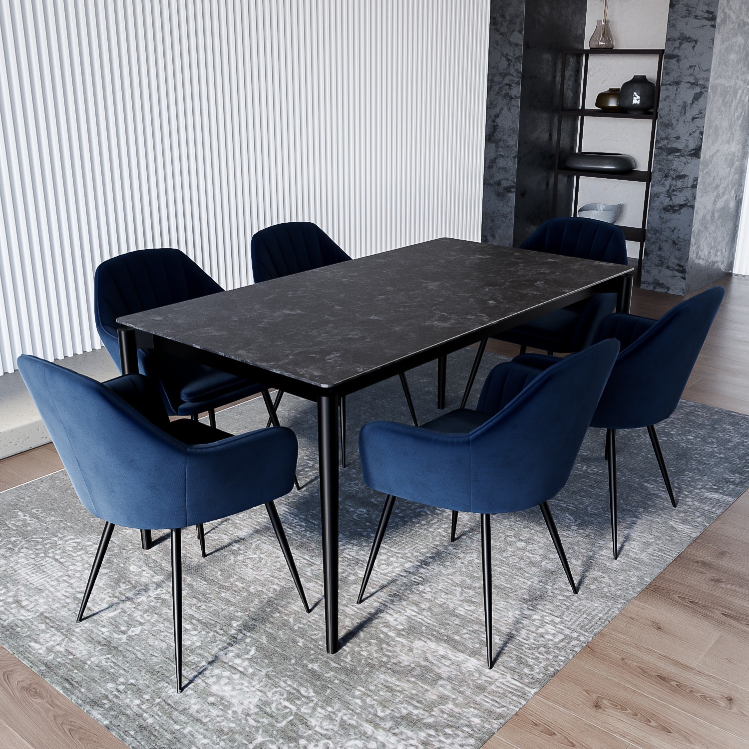 Photo of Black marble extendable dining table with 6 navy velvet dining chairs - camilla
