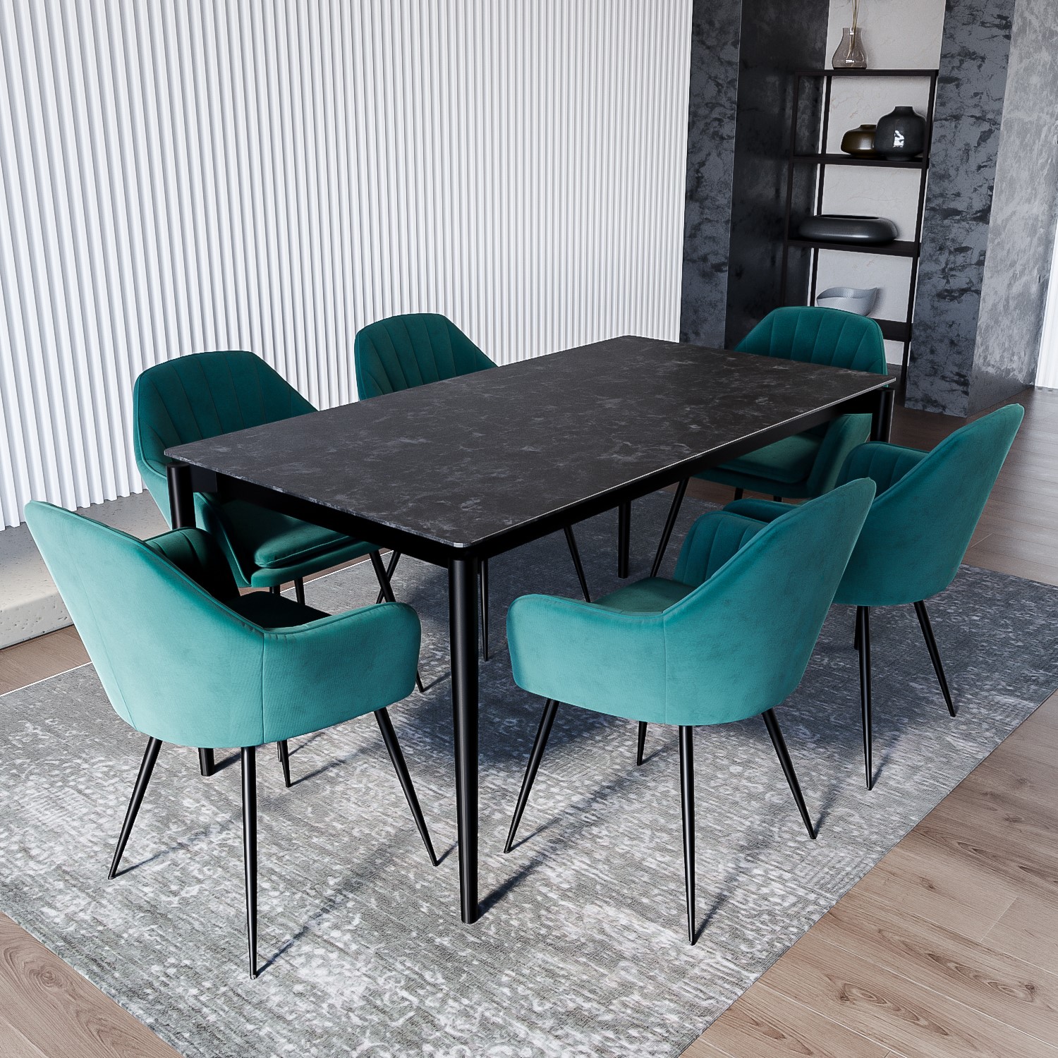 Black marble extendable dining table with 6 teal velvet dining chairs