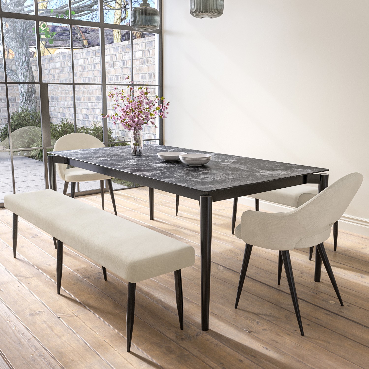 Photo of Extendable black marble dining table with 2 beige fabric dining chairs and 2 matching dining benches - seats 8 - camilla