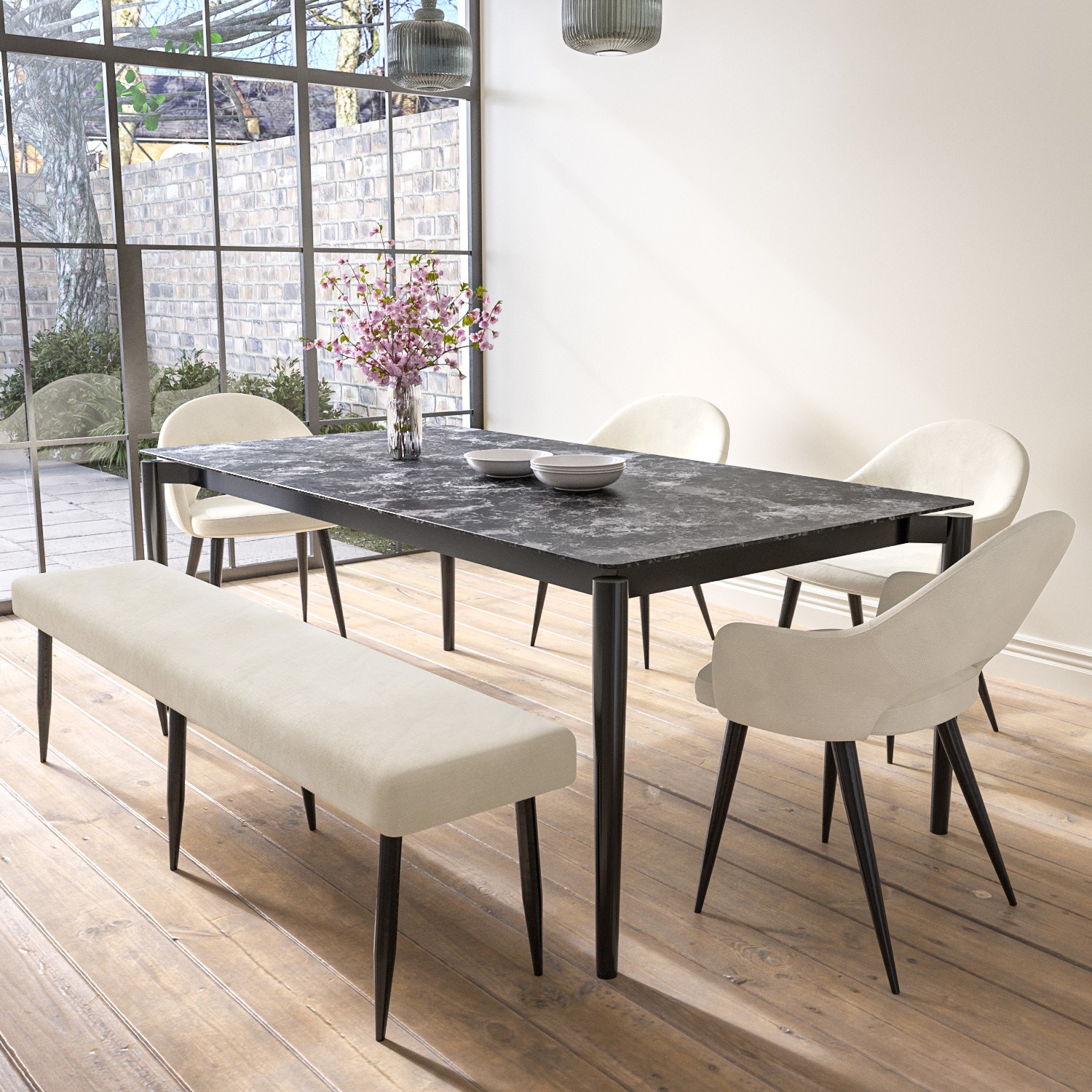 Photo of Extendable black marble dining table with 4 beige fabric dining chairs and 1 matching dining bench - seats 6 - camilla