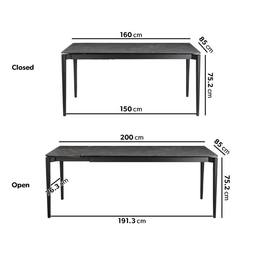 Black Ceramic Marble Extendable Dining Table Set with 4 Beige Fabric Chairs & 1 Bench - Seats 6 - Camilla