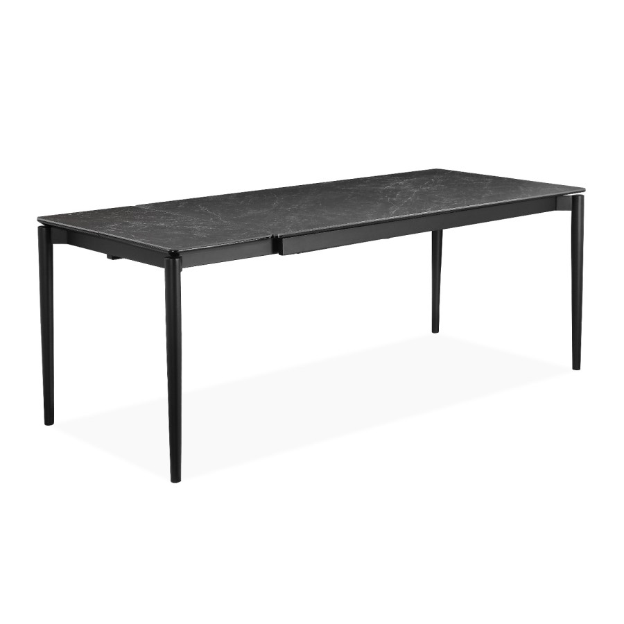 Black Ceramic Marble Extendable Dining Table Set with 4 Beige Fabric Chairs & 1 Bench - Seats 6 - Camilla