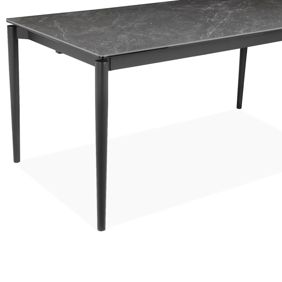 Black Ceramic Marble Extendable Dining Table Set with 4 Beige Fabric Chairs & 1 Bench - Seats 6 - Camilla