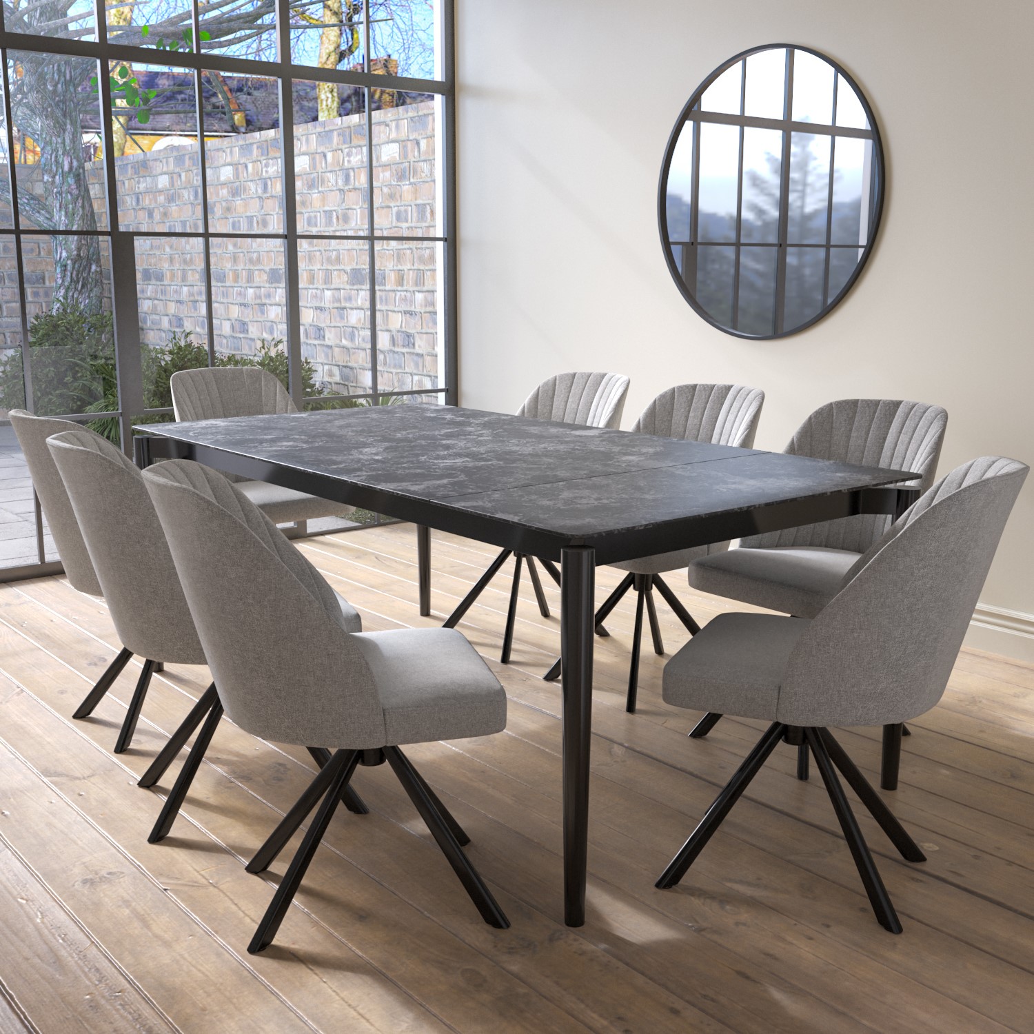 Black Ceramic Marble Extendable Dining Table Set with 8 Grey Fabric ...