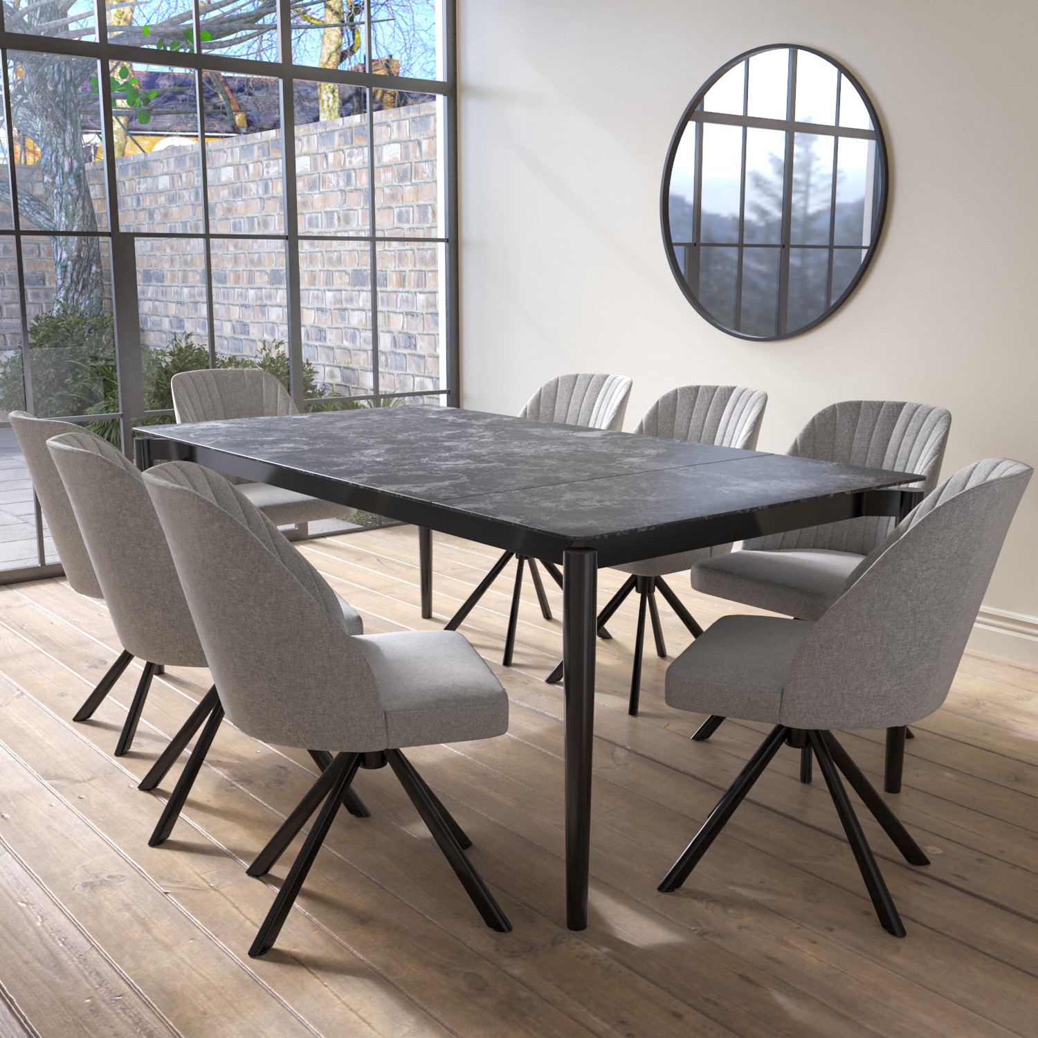 Photo of Extendable black marble ceramic dining table with 8 grey fabric swivel dining chairs - camilla