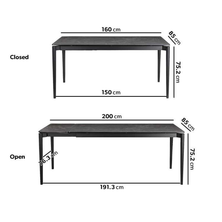 Black Ceramic Marble Extendable Dining Table Set with 8 Grey Fabric Swivel Chairs - Seats 8 - Camilla