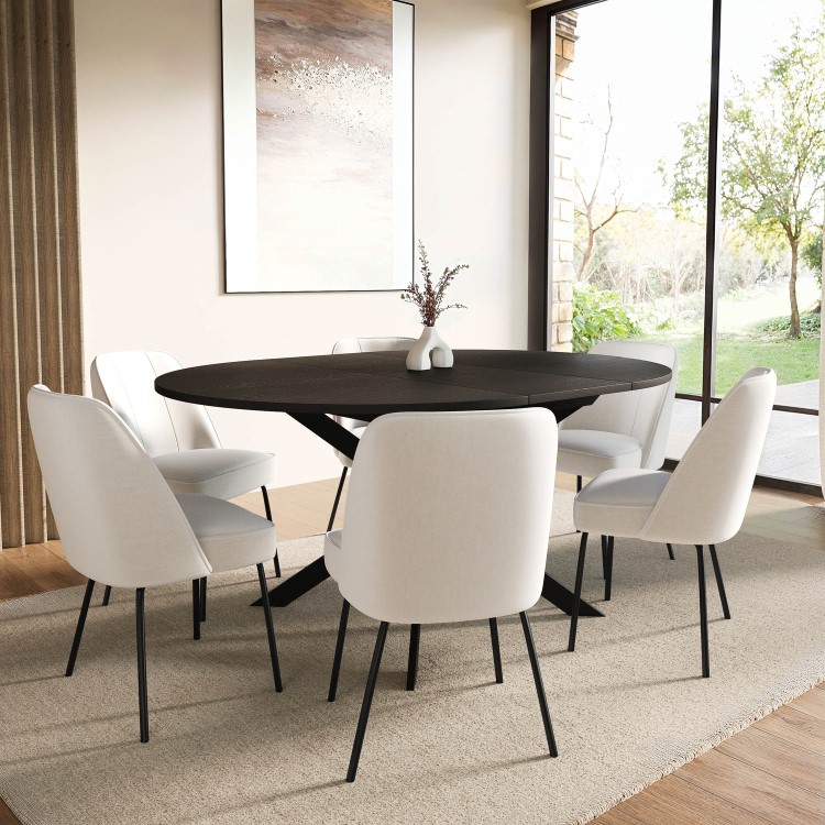 Black Extendable Round to Oval Dining Table Set with 6 Beige Fabric Chairs - Seats 6 - Reine