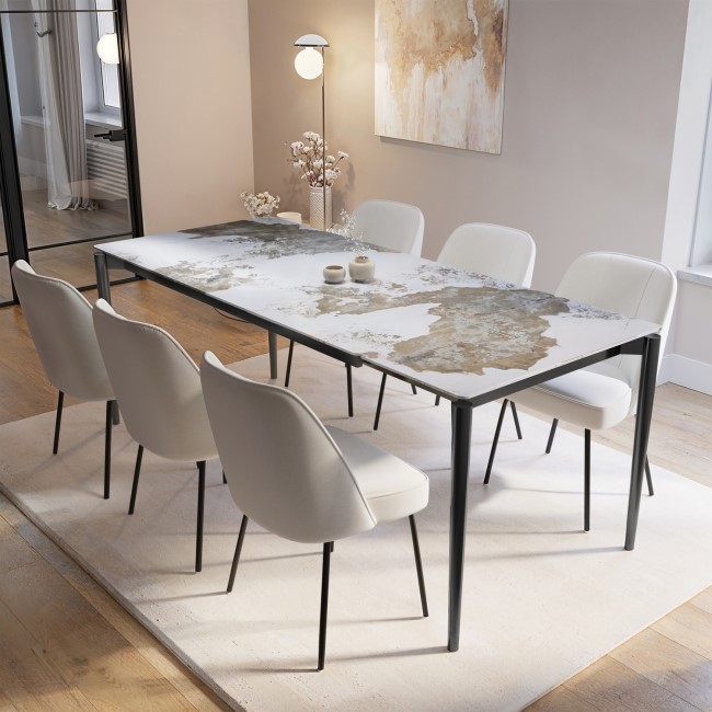 Ceramic Extendable Dining Table Set with 6 Beige Fabric Dining Chairs - Seats 6 - Camilla