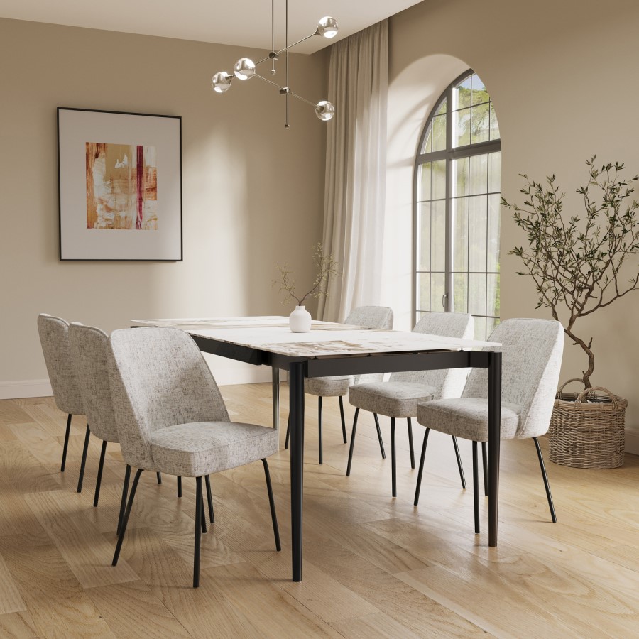 Set of 2 Curved Dining Chairs in Neutral Coloured Fabric - Leighton