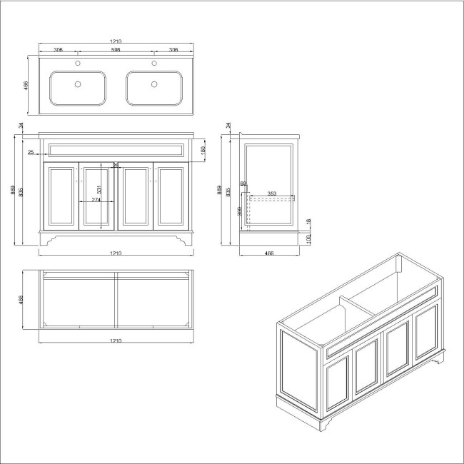 1200mm White Freestanding Double Vanity Unit with Basins- Camden