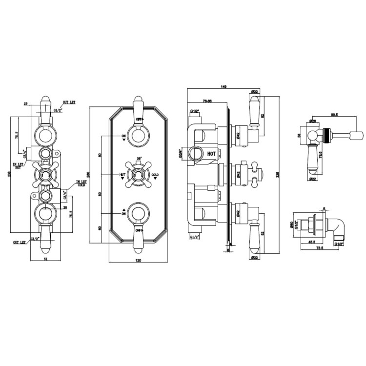 Black Dual Outlet Wall Mounted Thermostatic Mixer Shower Set with Hand Shower - Cambridge