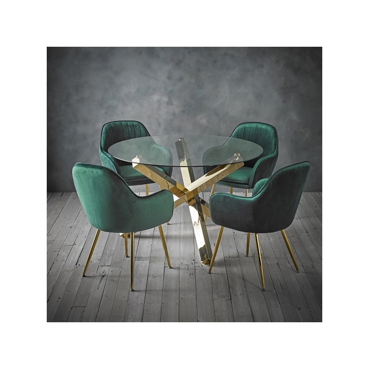 Round Glass Dining Table Set with 4 Green Velvet Chairs - Seats 4 - Capri