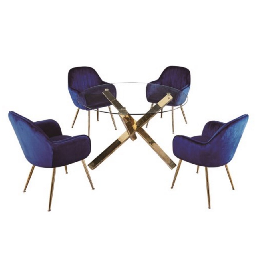 Round Glass Dining Table Set with 4 Blue Velvet Chairs - Seats 4 - Capri