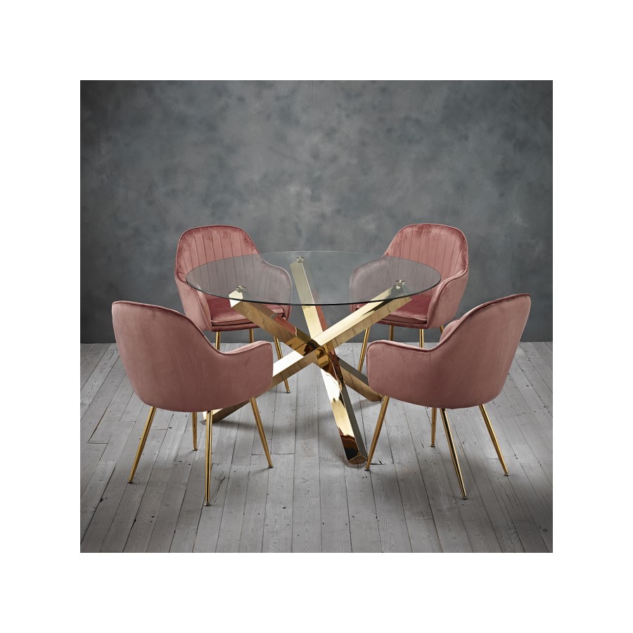 Round Glass Dining Table Set with 4 Pink Velvet Chairs - Seats 4 - Capri
