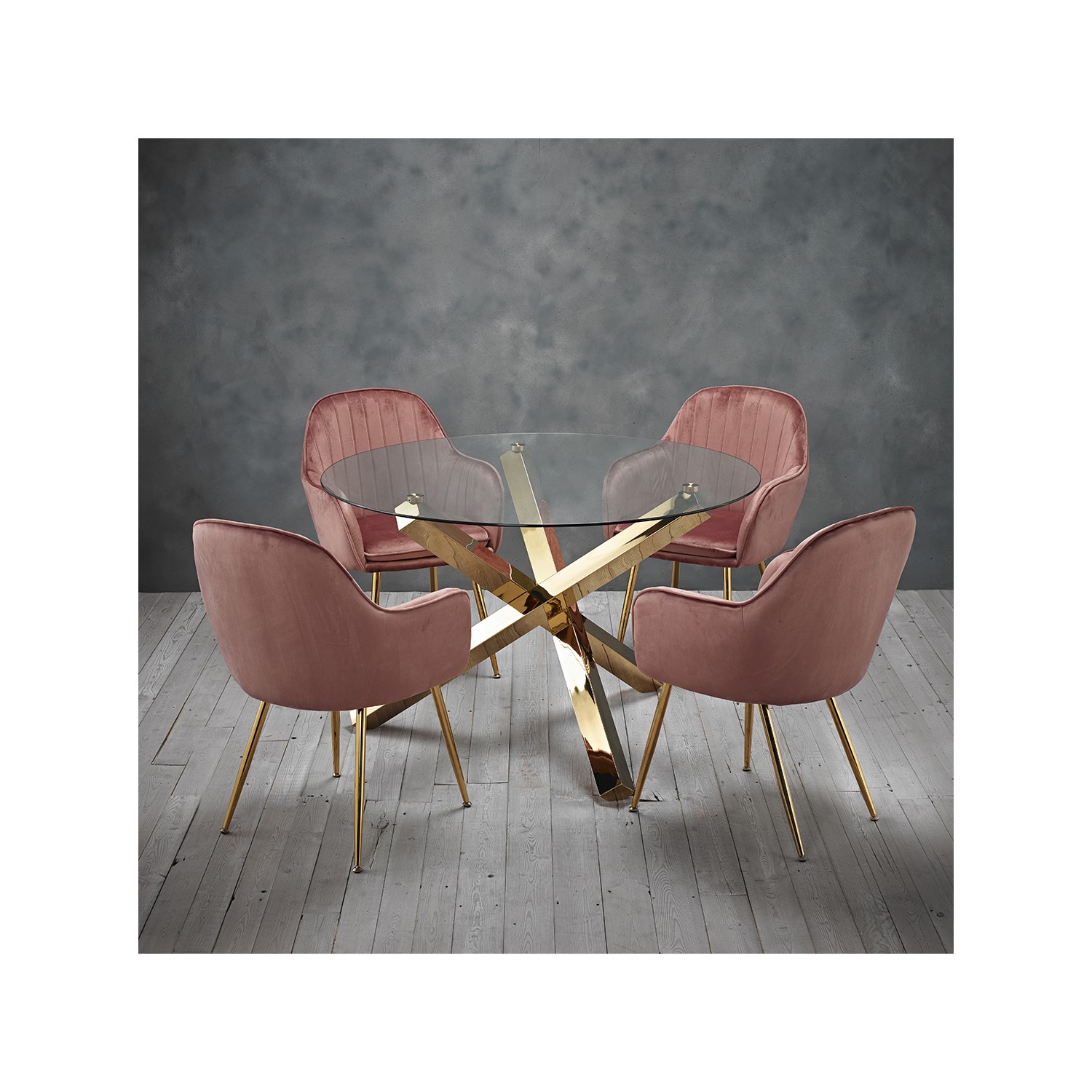 Photo of Glass top dining table with 4 pink velvet dining chairs - capri
