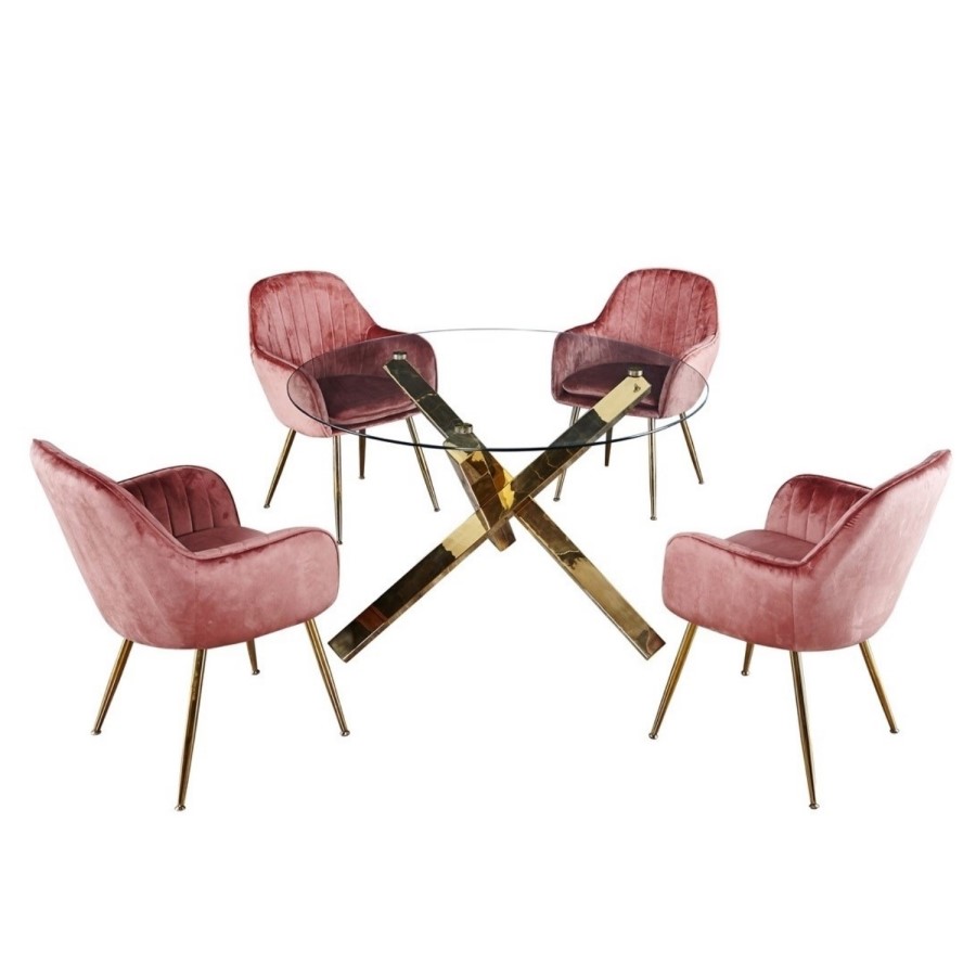 Round Glass Dining Table Set with 4 Pink Velvet Chairs - Seats 4 - Capri