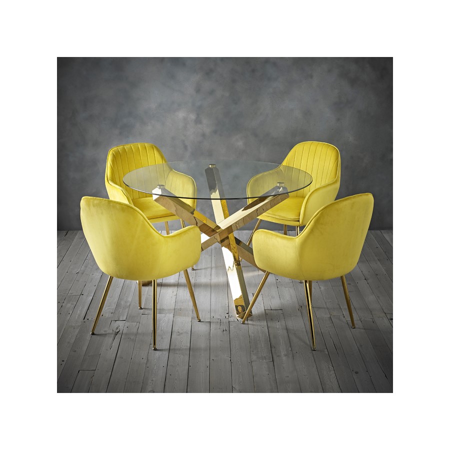 Glass Dining Table + 4 Yellow Velvet Dining Chairs with Gold Legs - Capri