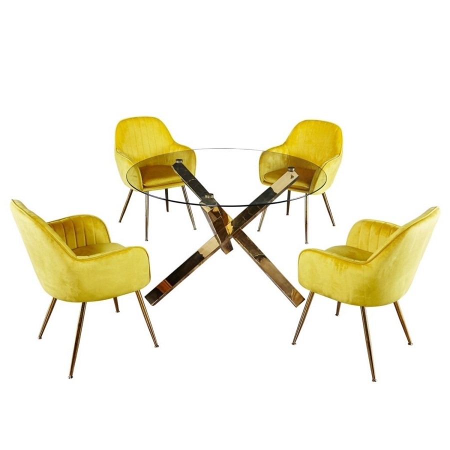 Glass Dining Table + 4 Yellow Velvet Dining Chairs with Gold Legs - Capri