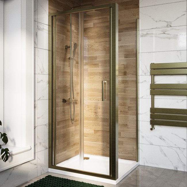 Brushed Brass 6mm Glass Rectangular Bifold Shower Enclosure 900x800mm - Carina