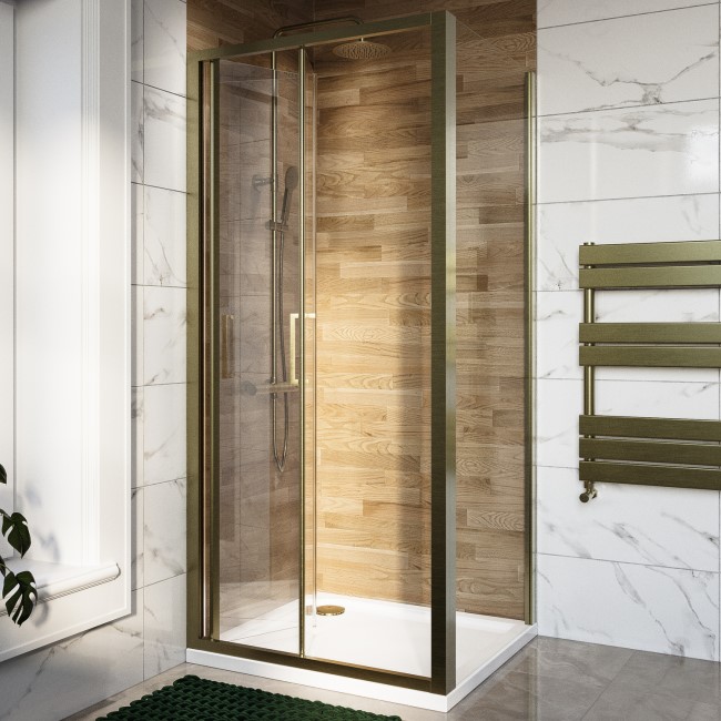 Brushed Brass 6mm Glass Rectangular Bifold Shower Enclosure 900x800mm - Carina