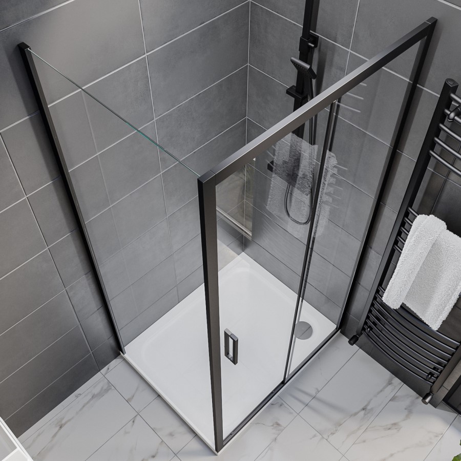 ONLY OPENED - 1100x700mm Black Rectangular Sliding Shower Enclosure - Pavo