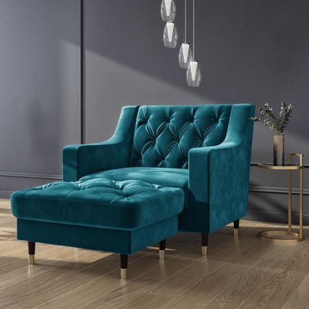 Blue Velvet Armchair with Matching Footstool - Cole | Furniture123