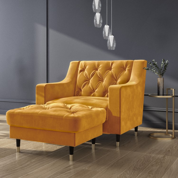 Buttoned Velvet Armchair with Matching Footstool in Mustard - Cole