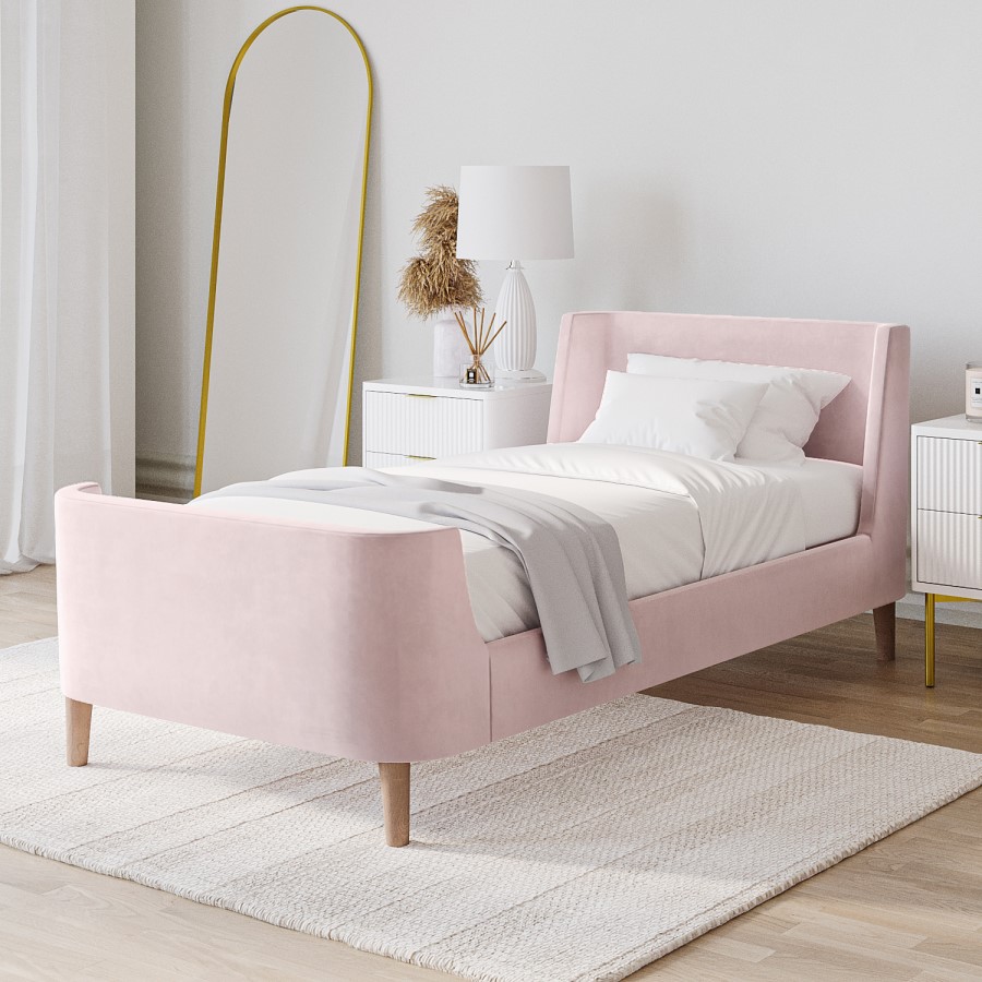 Single Shell Bed Pink Velvet Single Sleigh Bed Frame - Charlotte - Furniture123