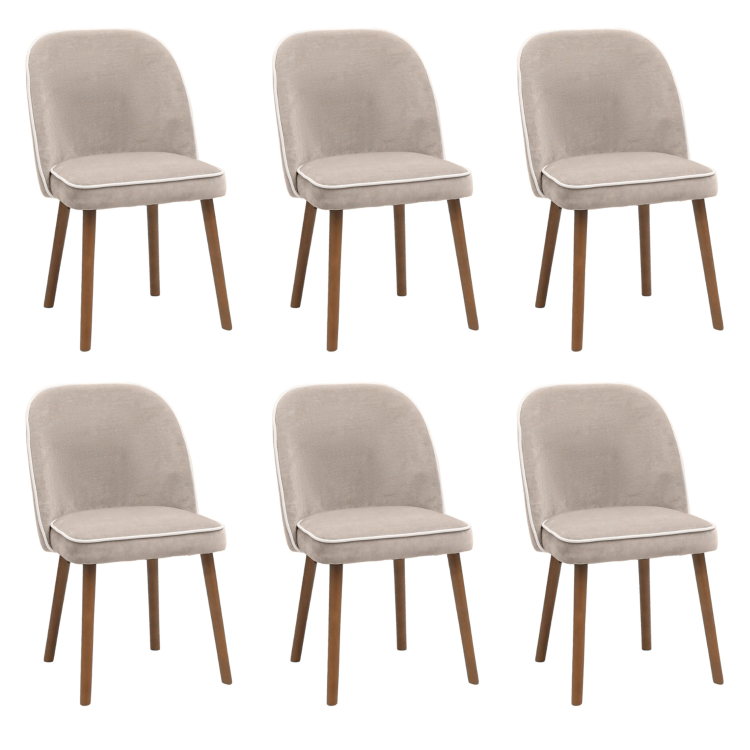 Set of 6 Taupe Chenille Dining Chairs with Contrast Piped Detail - Claudia