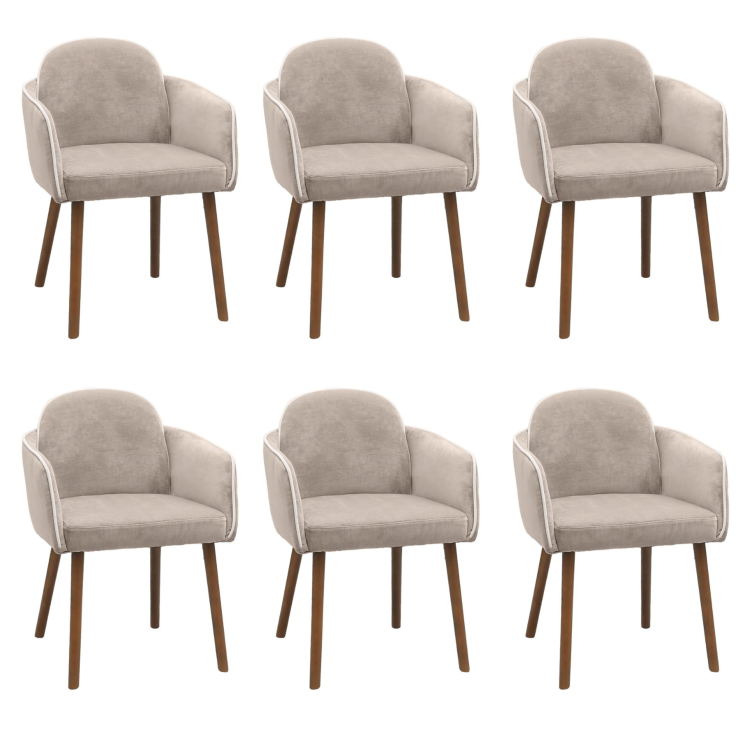 Set of 6 Taupe Chenille Carver Dining Chairs with Contrast Piped Detail - Claudia