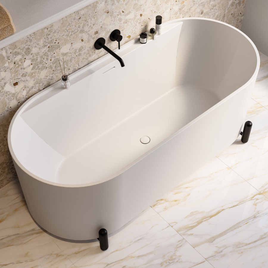 Matt White Freestanding Double Ended Bath with Ledge and Black Feet 1700 x 765mm - Clara