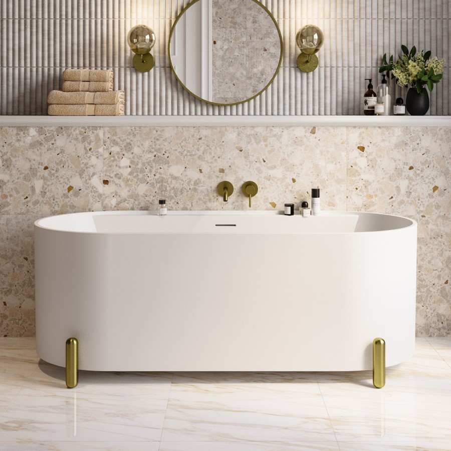 Matt White Freestanding Double Ended Bath with Ledge and Brass Feet 1700 x 765mm - Clara