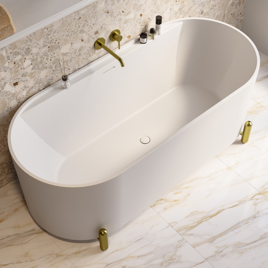 Matt White Freestanding Double Ended Bath with Ledge and Brass Feet 1700 x 765mm - Clara