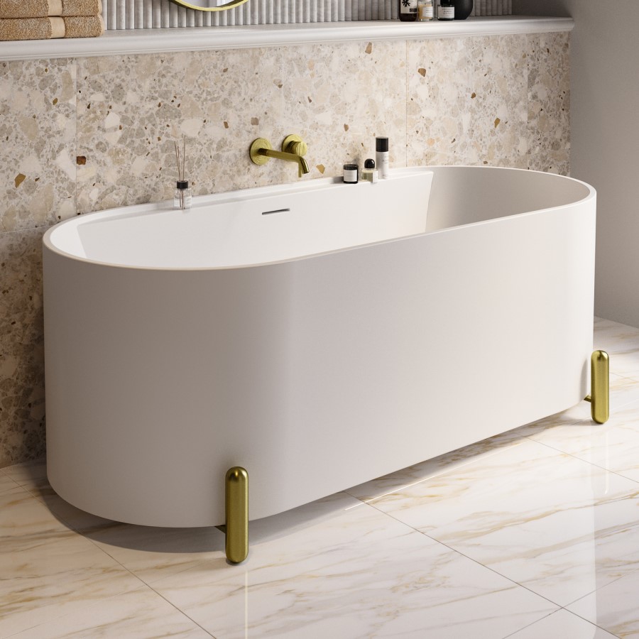 Matt White Freestanding Double Ended Bath with Ledge and Brass Feet 1700 x 765mm - Clara