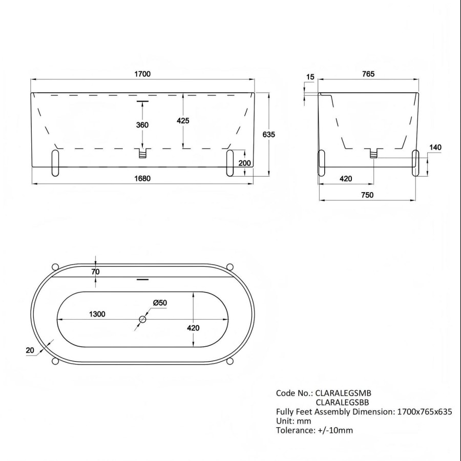 Matt White Freestanding Double Ended Bath with Ledge and Brass Feet 1700 x 765mm - Clara