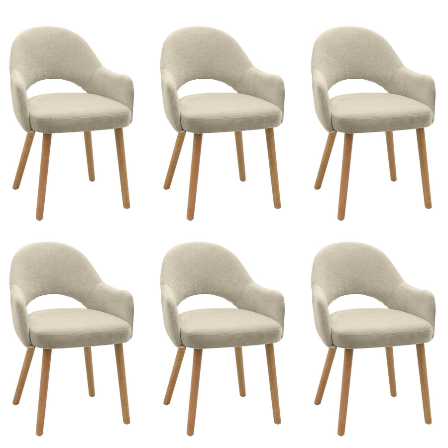 Set of 6 Beige Upholstered Dining Chairs with Oak Legs - Colbie