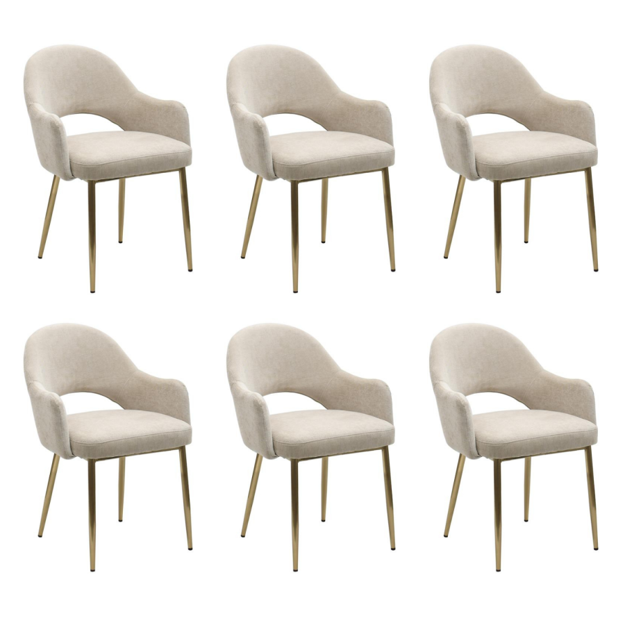 Set of 6 Beige Upholstered Dning Chairs with Gold Legs - Colbie