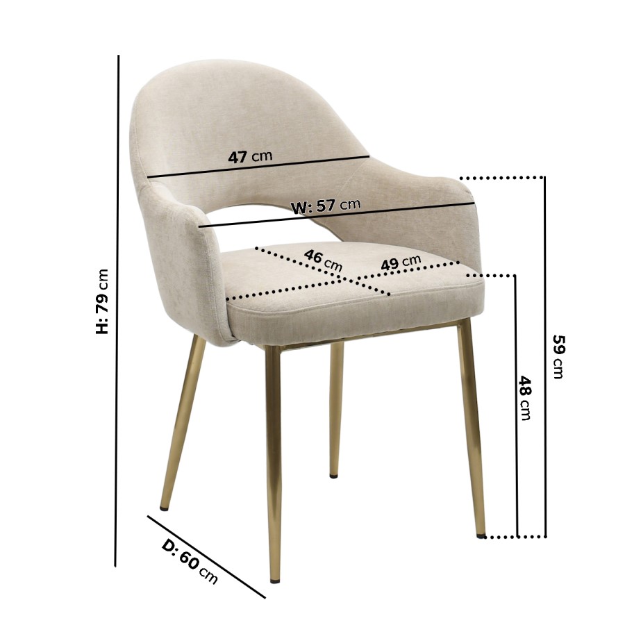 Set of 6 Beige Upholstered Dning Chairs with Gold Legs - Colbie