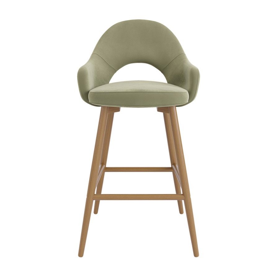 Set of 3 Oak and Sage Green Velvet Kitchen Stools with Back - Colbie