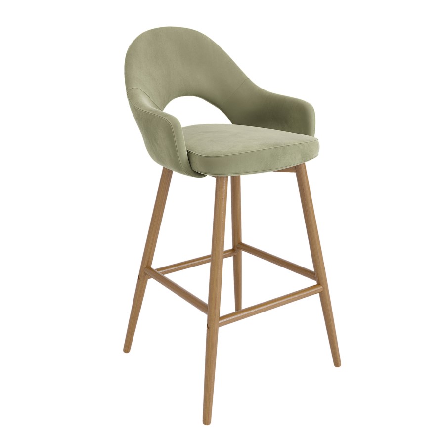 Set of 3 Oak and Sage Green Velvet Kitchen Stools with Back - Colbie